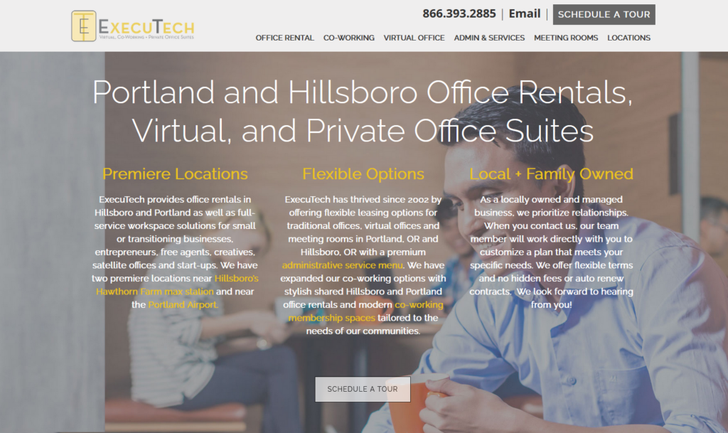 Executech Office Rentals in Hillsboro and Portland - Screenshot of web site 